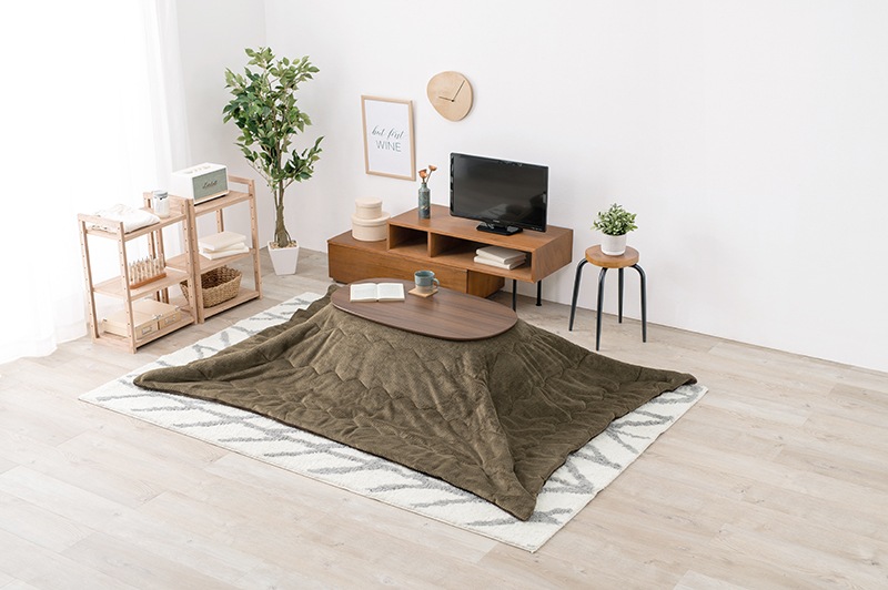 こたつセット こたつ うす掛布団 2点セット ブラウン/カーキ 90x50cm 木目調 楕円 省スペース 折りたたみテーブル リビングテーブル オールシーズン コタツ