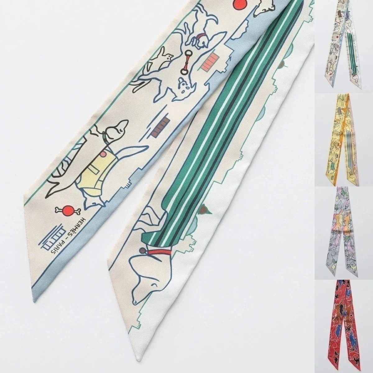 HERMES エルメス ツイリー スカーフ TWILLY 064116S 064007S レディース フランス製 シルク バンダナ イヌ ウサギ 総柄 ロゴ ケ