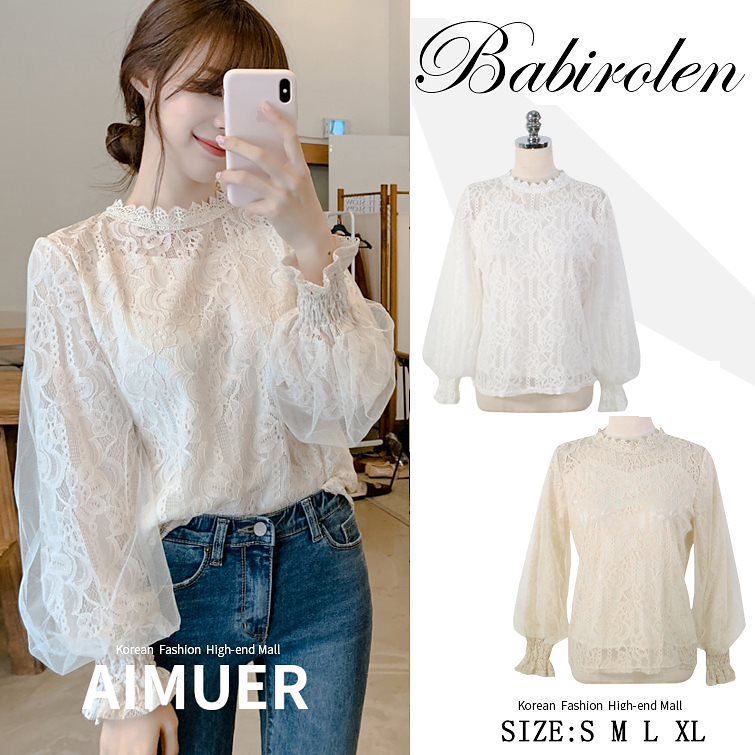 レースブラウス 様々なコーデに使える トップス ブラウス ハイネック スリム ブラウス レース