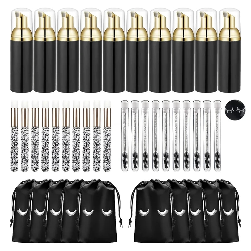 まつげクリーニングツールセット,プラスチック製の空のフォームポンプボトル,洗浄ブラシ,つけまつげ,収納バッグ,スキンケアツール,60ml, 40個