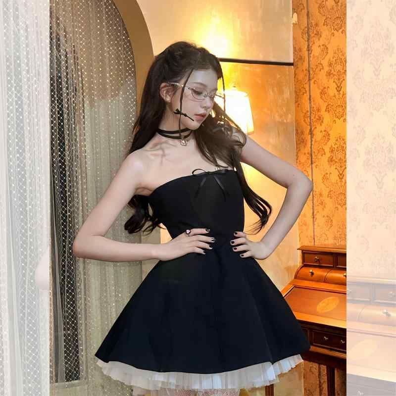 人気SALE ブラック ノースリーブ レディース ブラック 可愛い キレイ スカート ドレス お洒落 ウエスト 夏 トップス ヘボン チューブ