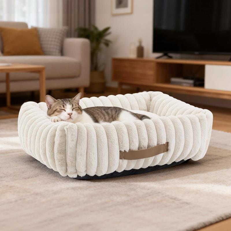 猫 ベッド ペットベッド 洗える 犬用ベッド 洗える 猫あったかベッド 取り外し可能 ふわふわ 保温 暖かい 寒さ対策 柔らかい 外径サイズ約68L*56W*20H アイボリー ブランド: ボーボー