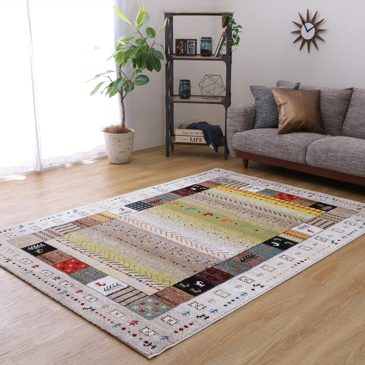 【I】【代引不可】ウィルトンラグ イビザ ベージュ 200×250cm トルコ製 ギャッベ柄 カーペット/絨毯【北海道・沖縄・離島不可】