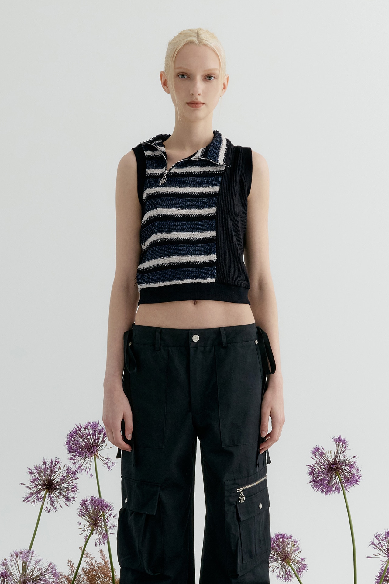 【YUSE】 BOUCLE HALF ZIP-UP KNIT VEST : NAVY