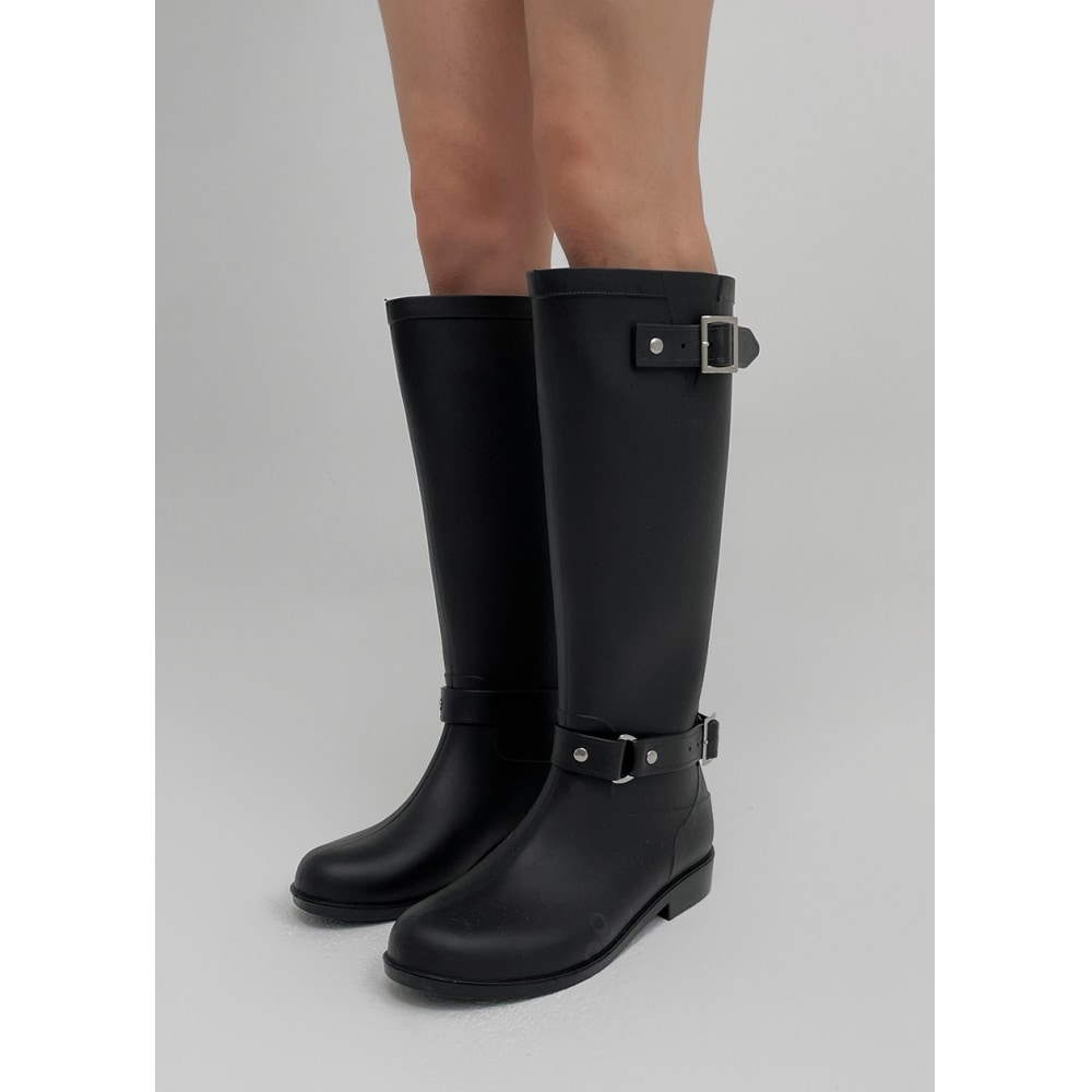 ブラックアップアカミンロングバックルレインブーツ