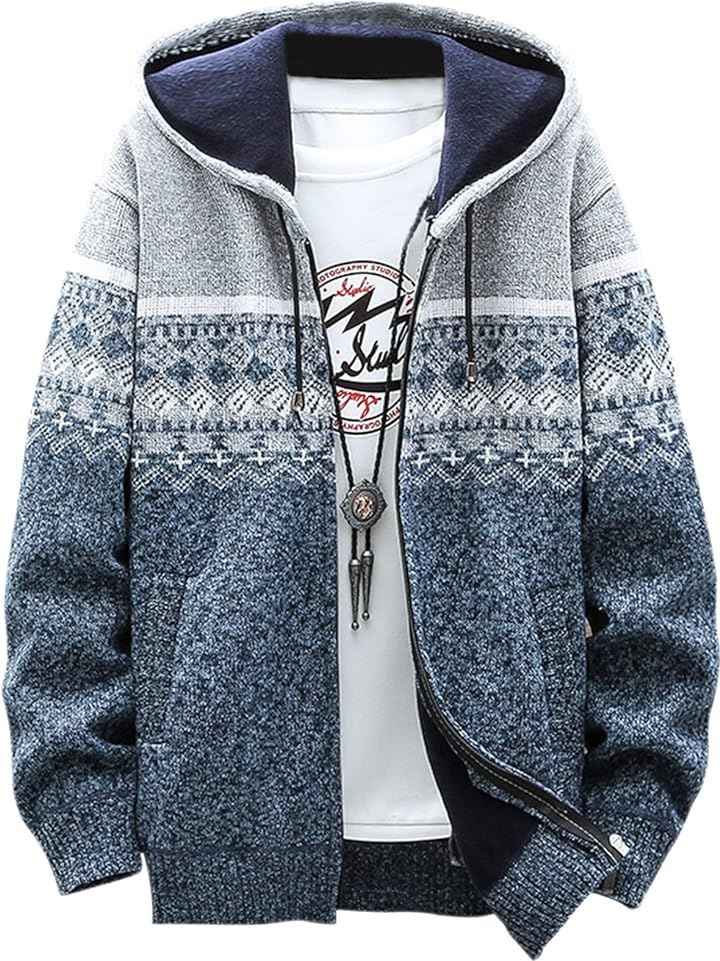 オルテガ柄 メンズ ニット パーカー あったか ジップアップ カーディガン 前開き アウター( ライトグレー, XL)