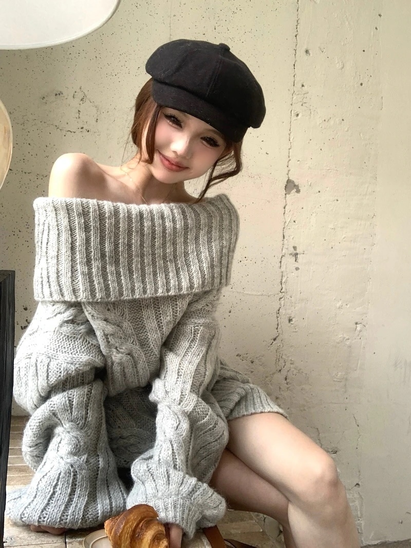 24ニット ケーブル編み オフショルダー プルオーバー セーター ルーズ トップス 長袖 レトロ 韓国ファッション レディース