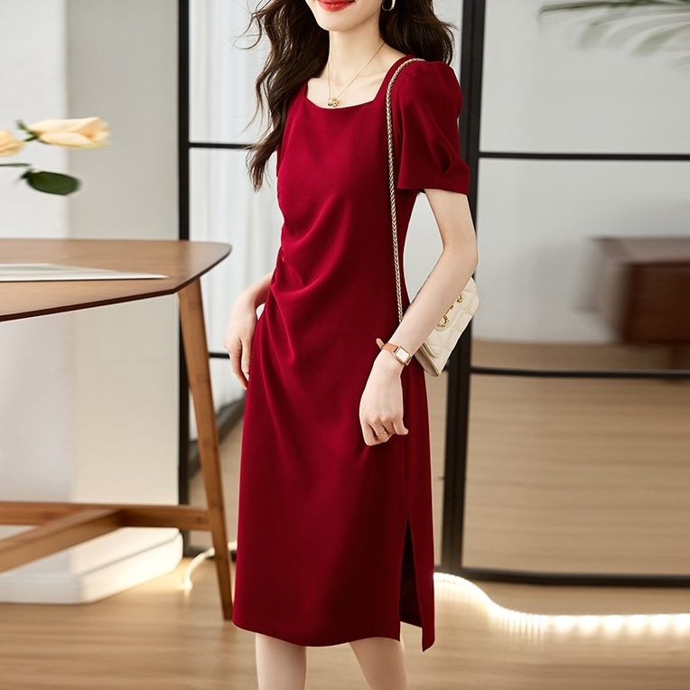 レディース ワンピース ドレス 膝丈 パフスリーブ スクエアネック タイト ストレート スリット サイドスリット コンサバ きれいめ シンプル 上品 存在感 フォーマル 無地 春 夏 二次会