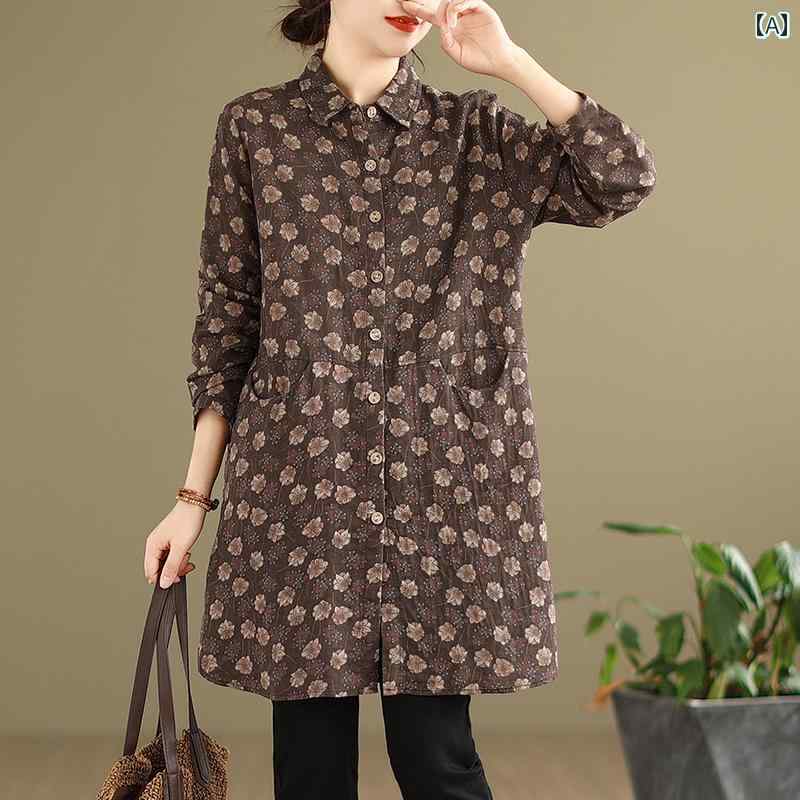 オーバーシャツ ブラウス レディース 春秋 レトロ フォレスト コットン リネン 花柄 シャツ ミドル丈 長袖 大きいサイズ カジュアル デイリー 芸術的 トップス