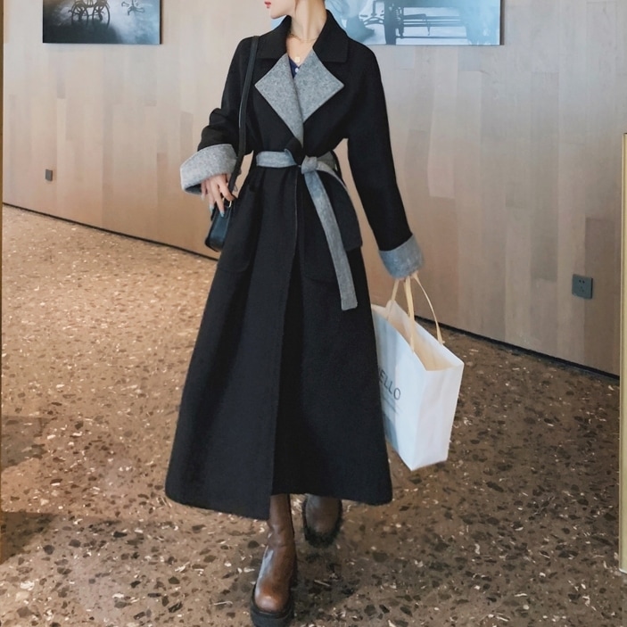 オーバーサイズ バイカラー配色 ラグランスリーブ切替え ガウンコート アクリル アウター コート