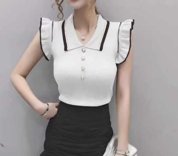 レディース トップス シャツ ブラウス プルオーバー 袖なし ノースリーブ 襟付き ポロカラー フリル 薄手 かわいい シンプル カジュアル 上品 レトロ スポーティー クラシカル カレッジ風 学生風