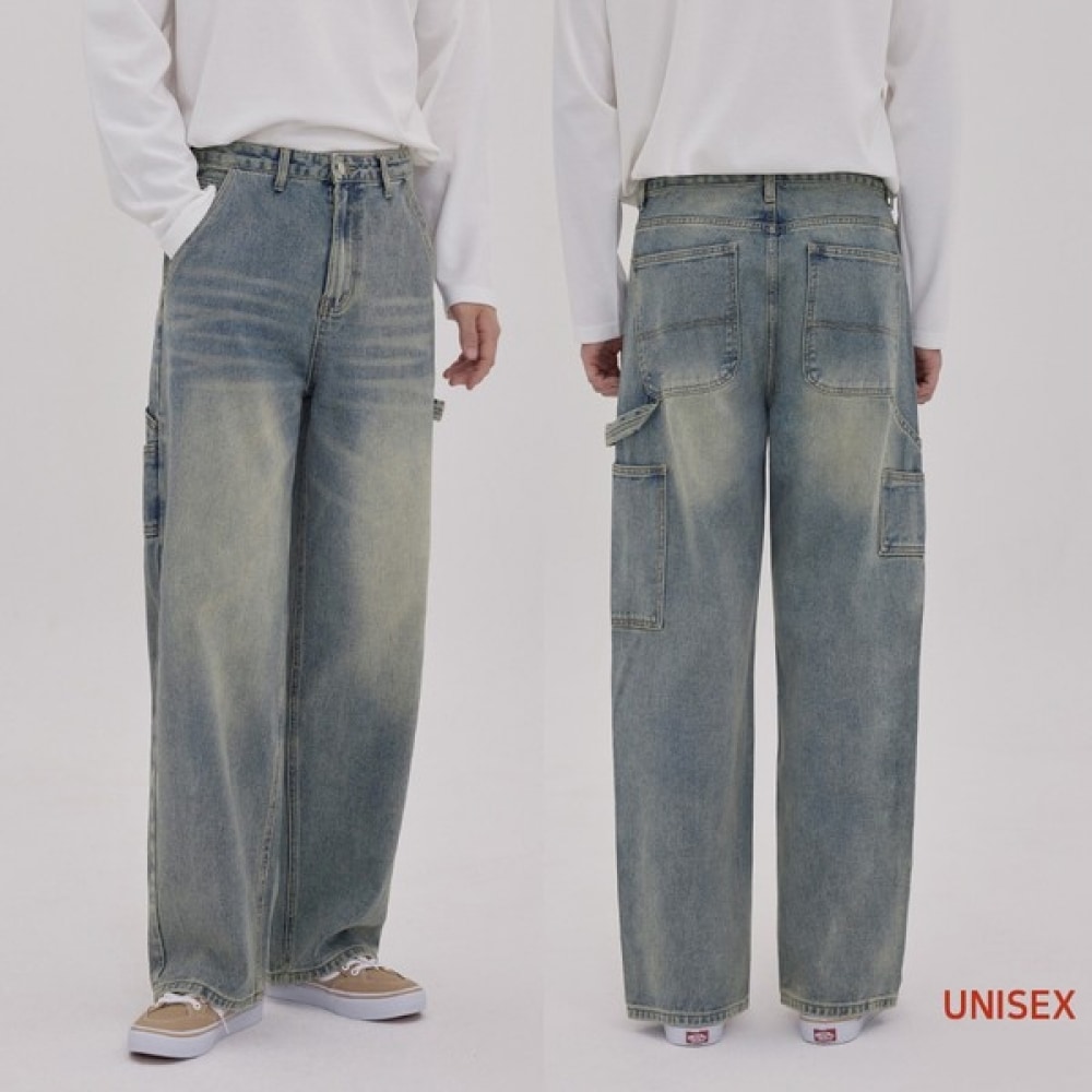 (ジンマニア) ユニセックスカラービンテージウォッシュワイドデニムパンツ (ブルー)