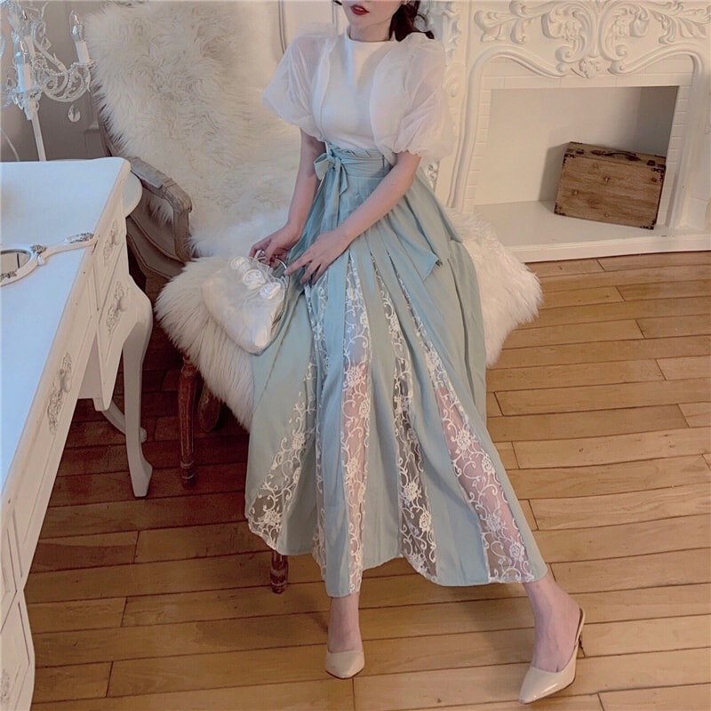 スカート 春 秋 きれいめ レディース プリーツスカート ロング丈 ウエストリボン シースルー ハイウエスト プリーツ ふわふわ リボン レース 透け感 かわいい 大人可愛い シンプル 大人 上品 お