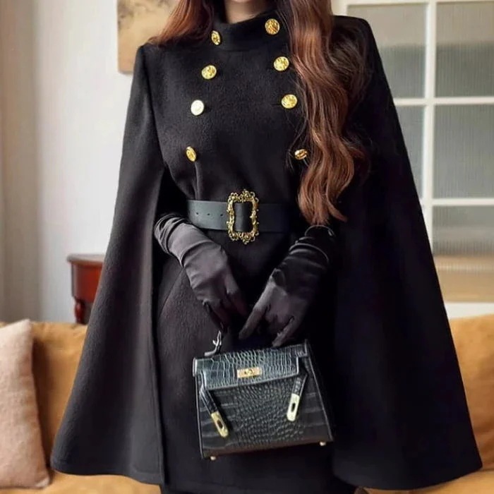 コート スタンドカラー 金ボタン ベルト マント袖 Aライン コート ブラック 黒 アウター レディース 大人 お嬢様 上品 きれいめ オシャレ 人と被らない 他と被らない防寒