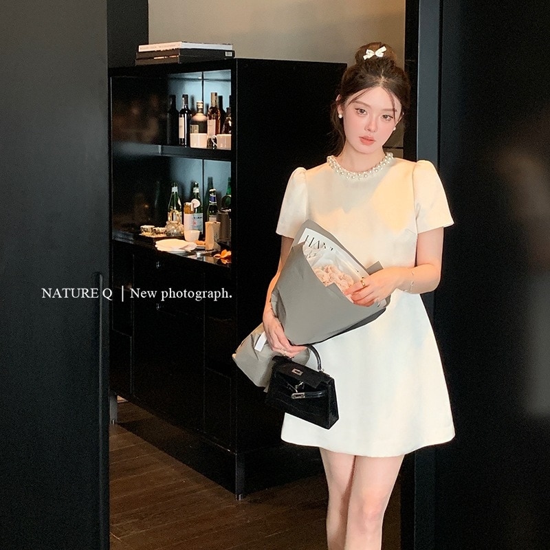 Yang Xiaojuan フレンチパールカラーパフスリーブウエストドレスレディース誕生日ドレス証明書ホワイトドレス