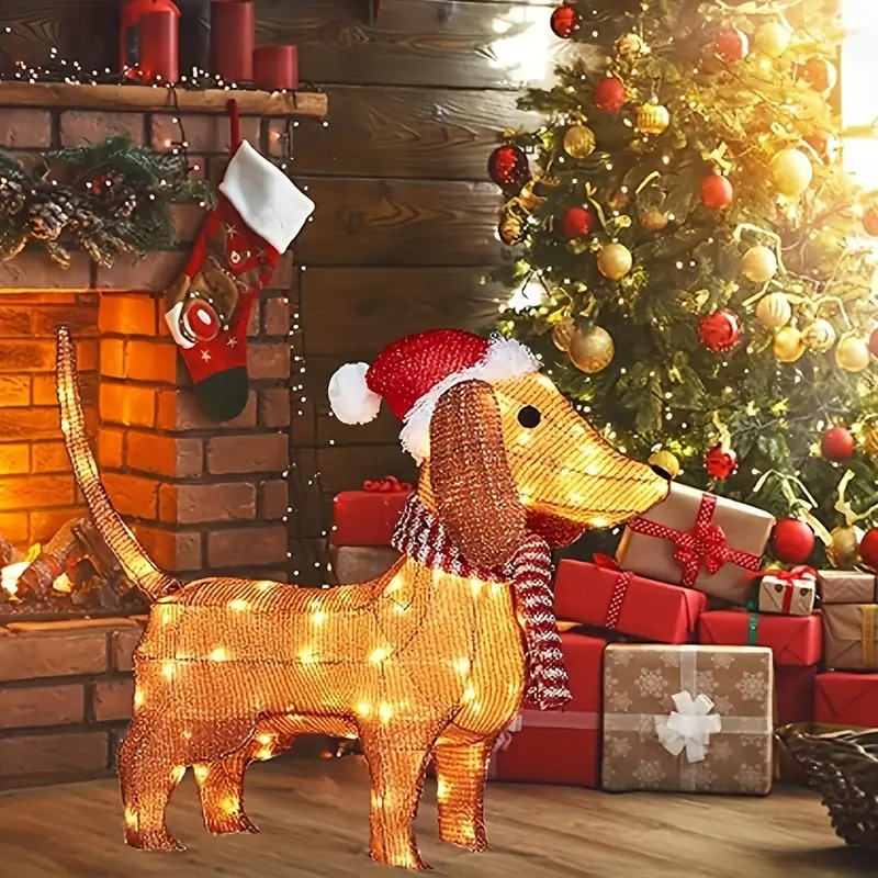 ダックスフント クリスマス デコレーション ライト 犬 ドッグ オブジェ イルミネーション 照明付き ガーデン 庭 電池式 アニマルグッズ 4-7