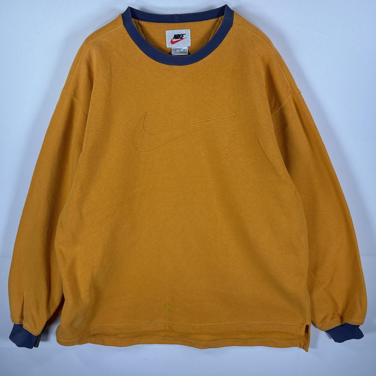 古着 90s/90年代 スウェット 銀タグ スウッシュ ビッグロゴ刺繍 リンガー クルーネック M イエロー パープル メンズ