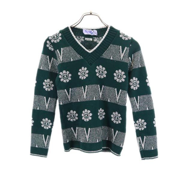 ヴィンテージ 80s フランス製 総柄 長袖 Vネット ニット 1 グリーン系 VINTAGE セーター レディース 5,586円
