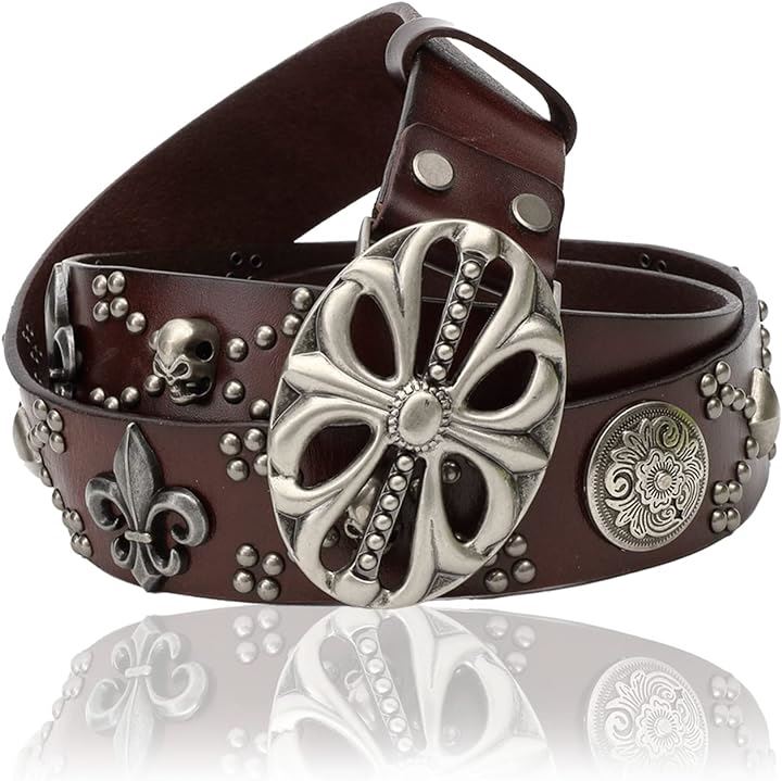 ラクエスト デカ ゴツ バックル メンズ 牛革 レザー ベルト スタッズ ユリ 紋章 アイリス レリーフ(ダークブラウン)