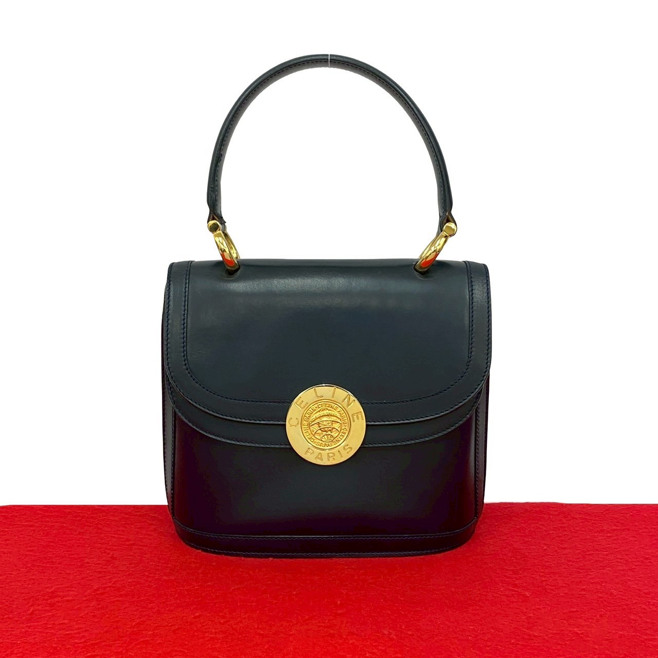 ヴィンテージ サークル 地球儀 ロゴ 金具ハンドバッグ レザー ネイビー 38942