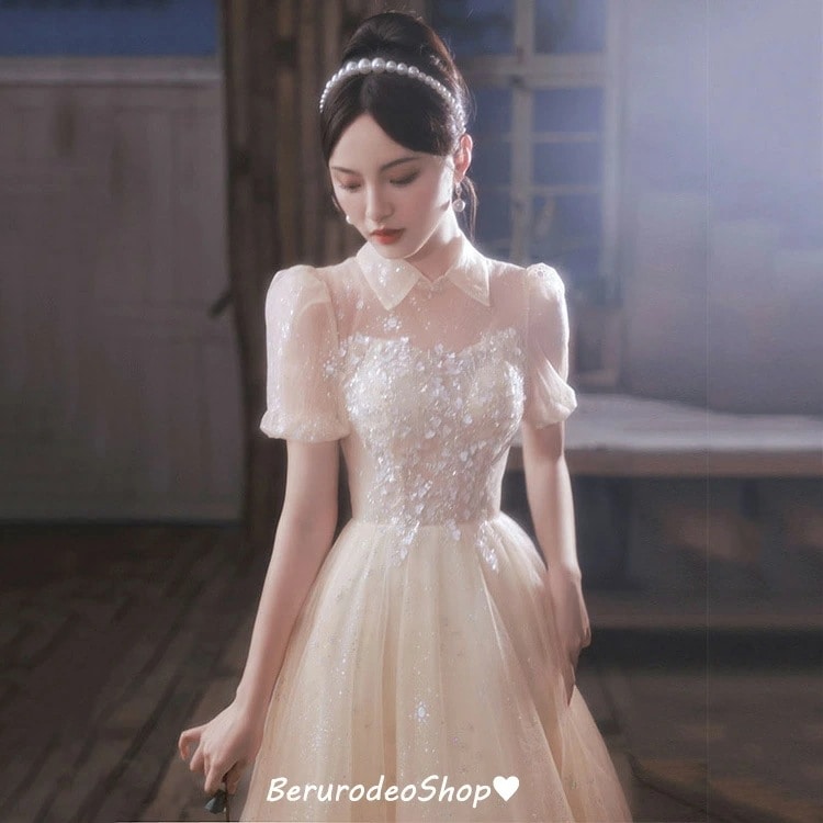 イブニングドレス シャンパン色 折り襟 可愛い ドレス スパンコール 輝く キレイめ ロングドレス 発表会ドレス パフスリーブ チュール プリンセスドレス オシャレ お呼ばれドレス 結婚式ドレス 二次