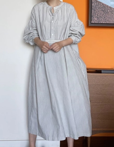 レディース ワンピース シャツワンピ ロング 長袖 ボリューム袖 スタンドカラー ワイド ウエストマーク かわいい 大人可愛い きれいめ シンプル カジュアル 上品 ラフ ルーズ キュート ナチュラル