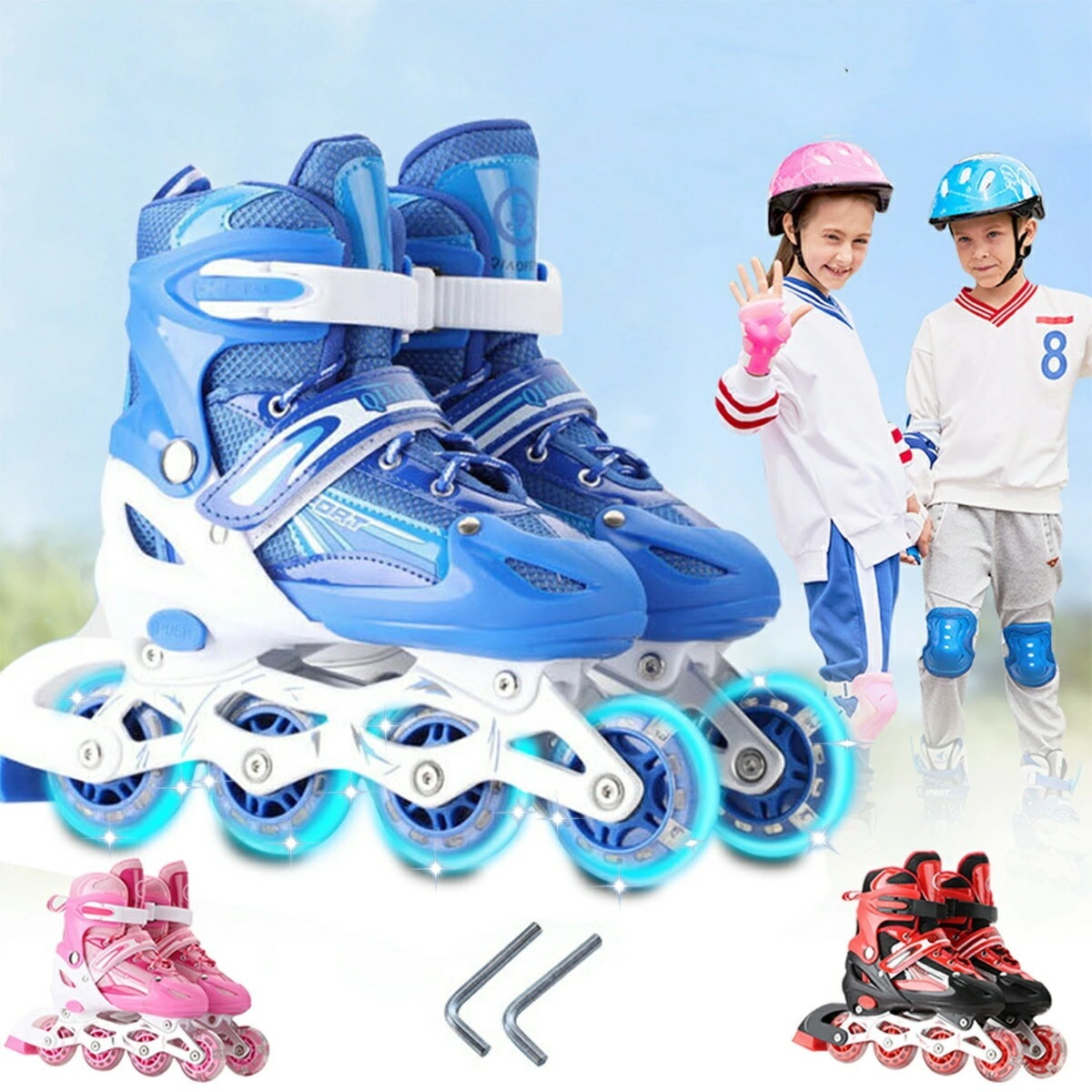 【即納】インラインスケート 大人 子供 ジュニア インラインシューズ ローラースケート キッズ フィギュアスケート 女子 男子 サイズ調整可能 全ウィールが光る 子供日 誕生日 プレゼント スポーツ