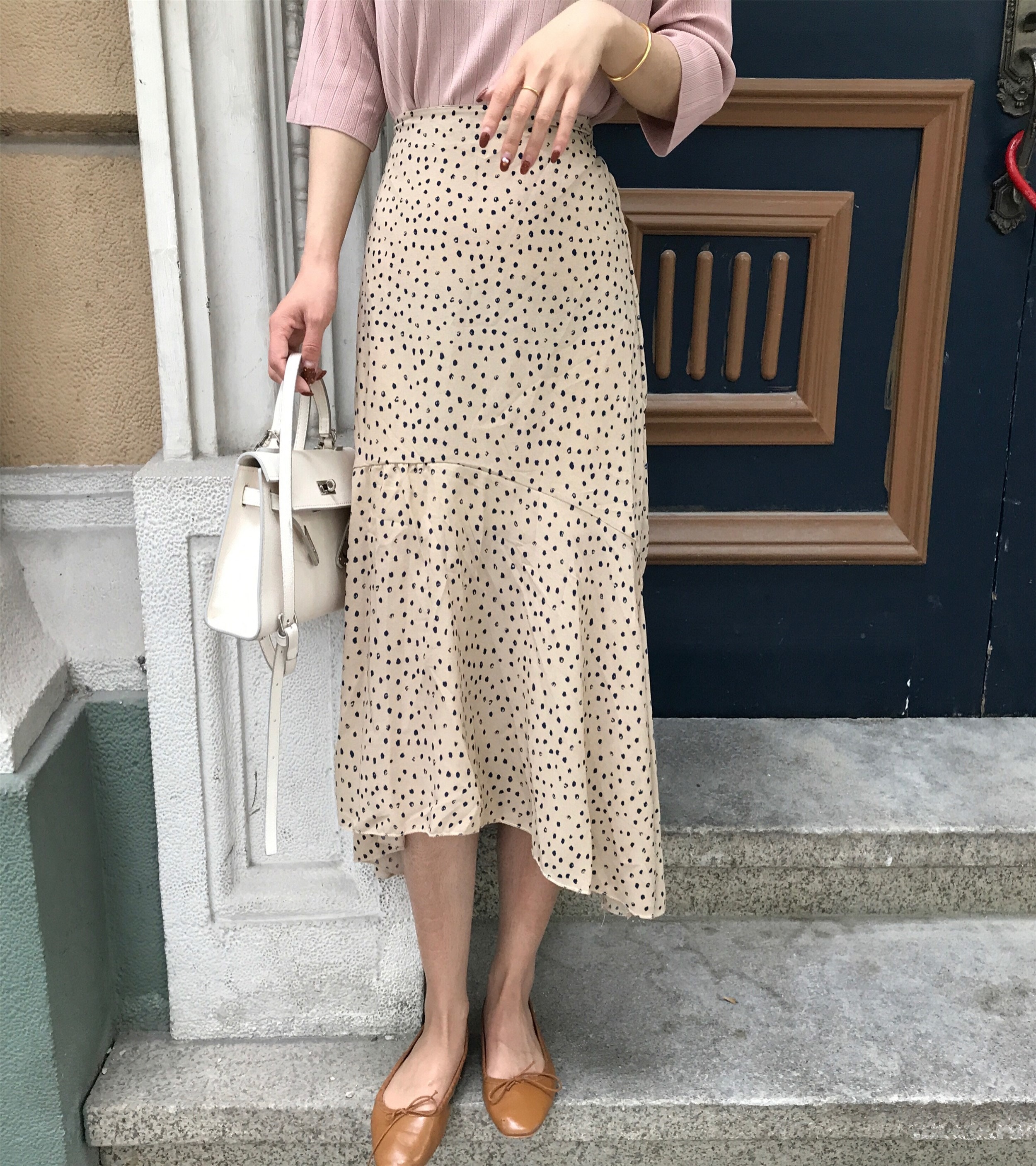 3162.ドット柄フィッシュテールスカート（アプリコット）2019 春夏 普段使い お出かけ