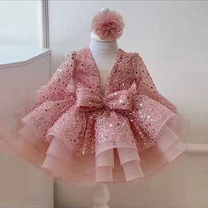 フラワーガールドレス ピンク スパンコール 女の子 ガーゼスカート 子供用 長袖 1歳 プリンセスドレス