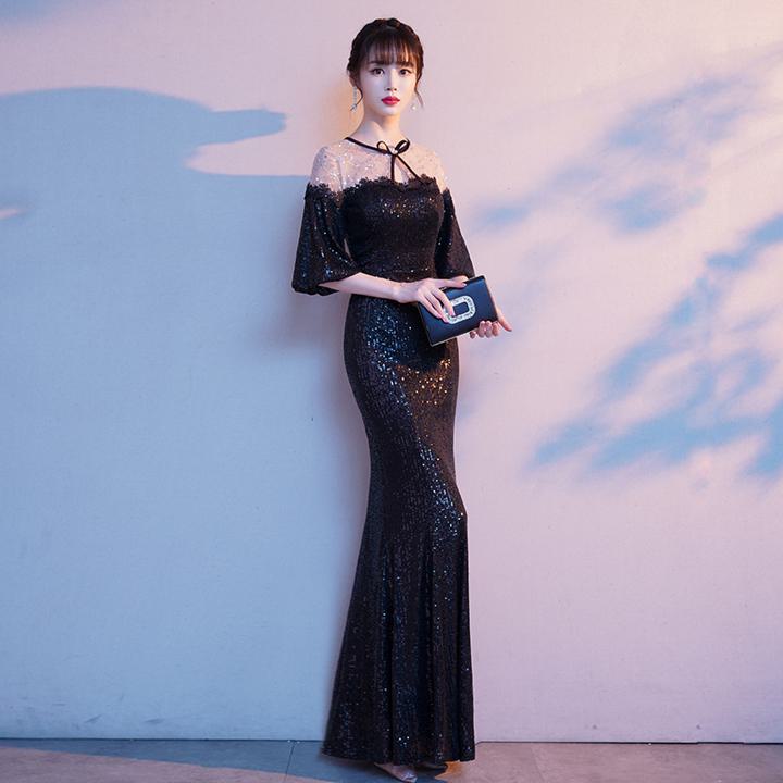 黒ドレス リボン カラードレス 半袖 マーメイド スパンコール 五分袖 ブラックドレス 豪華 スタイリッシュ パーティードレス パーティドレス ロングドレス ステージドレス ロング ロング丈 袖あり
