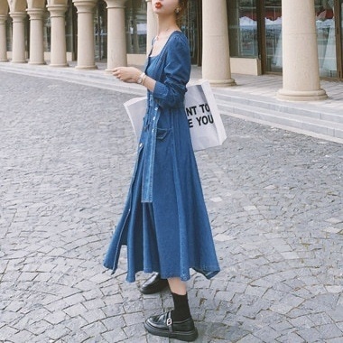 ワンピース レディース 長袖 きれいめ デニムワンピース Aラインワンピース レディース フレアワンピース ロング丈 ロングワンピース デニム お洒落ワンピース 春 秋 冬 おしゃれ マキシワンピース