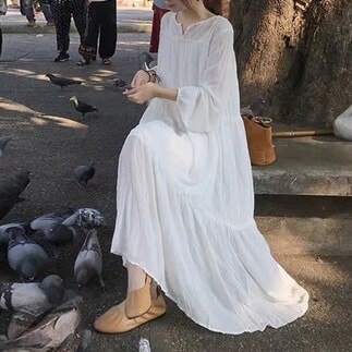 ワンピース 長袖 春 夏 かわいい Aライン ティアード ロング ロング丈 ボリューム袖 Vネック 襟なし 切り替えデザイン シフォン 透け感 白 ホワイト S M L XL 大人可愛い きれいめ シ