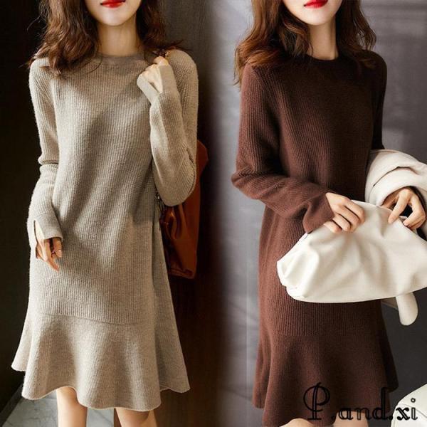 【3日以内出荷】ニットワンピース レディース 40代 秋冬 長袖ワンピース無地 ニットワンピース 膝丈フレア スカート ニットインナー オシャレゆったりセーター 人ニットワンピース レディース