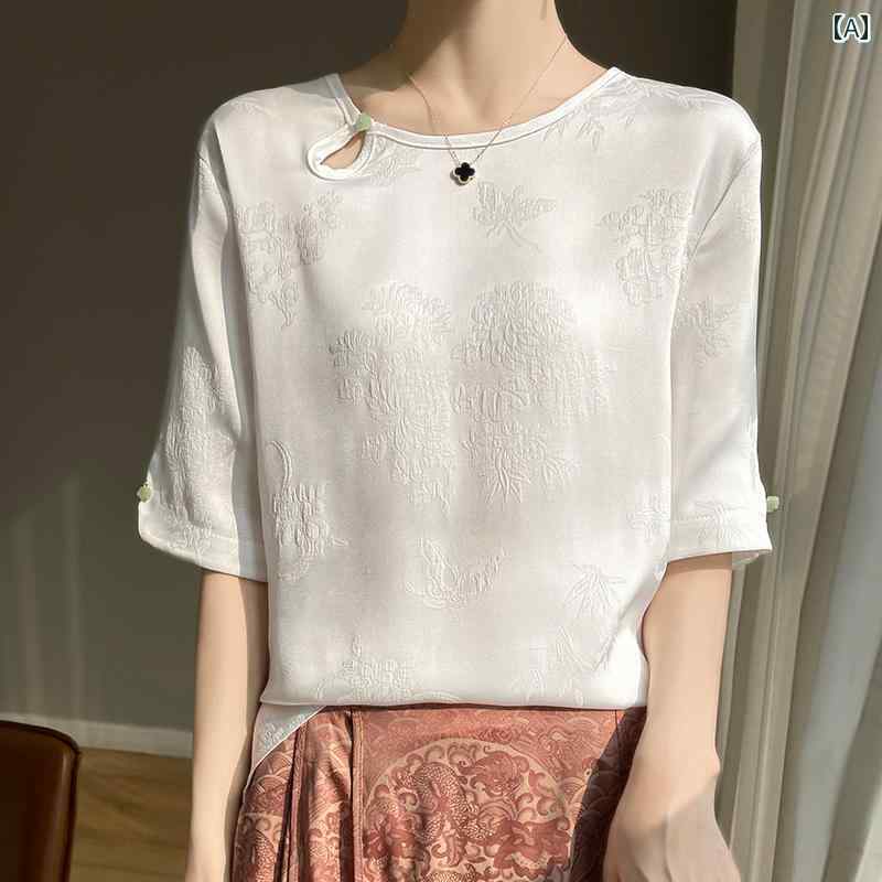レディース トップス シンプル おしゃれ レトロ チャイナ風 半袖 Tシャツ ラウンドネック アセテート サテン ジャカード チャイナ風