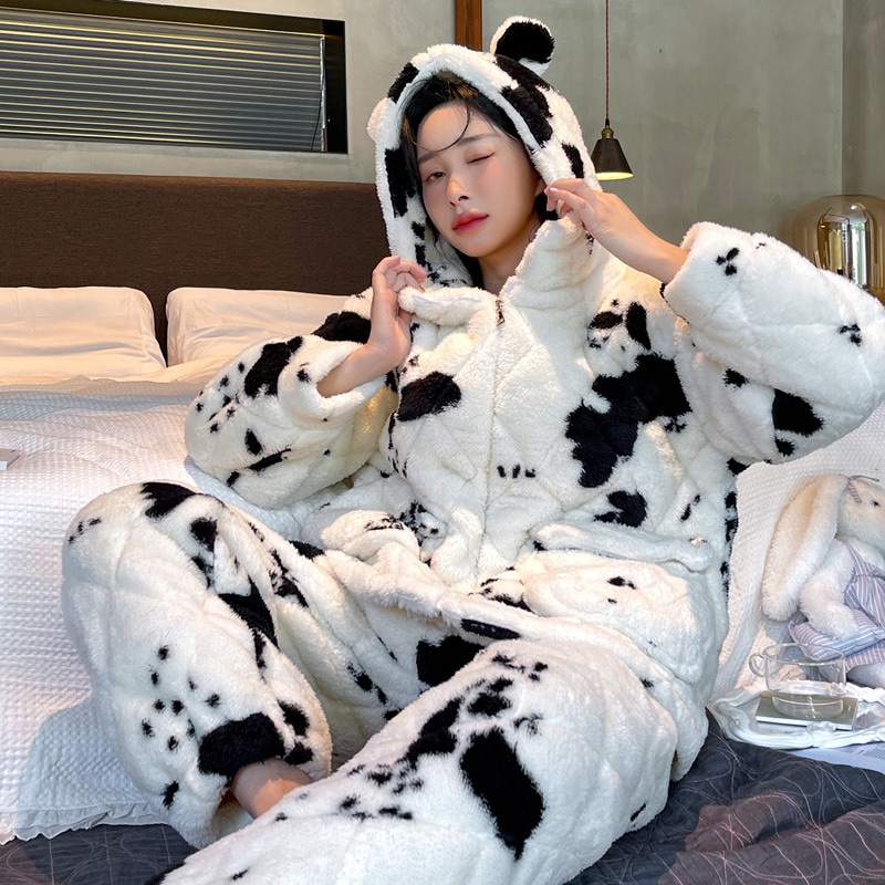 暖かい 厚手 パジャマ もこもこ 冬 レディース 上下セット ナイトウェア ルームウェア 長袖 大きいサイズサンゴの绒のカップルのパジャマの女性の秋冬の三層を挟んで厚い保温スーツ男性乳牛社