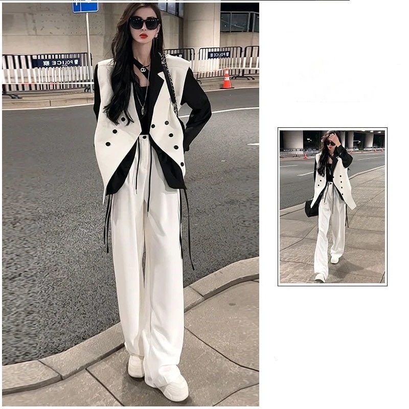 韓国ファッション気質ファッションスーツ ギャルトレンド長袖シャツ+ベスト+カジュアルワイドレッグパンツ3点セット