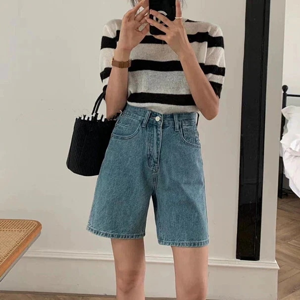 ハイウエスト デニム ストレート 5分丈 パンツ レディース 2024 夏 韓国版 着痩せ ゆったり Aライン ワイドレッグ ミディアムパンツ