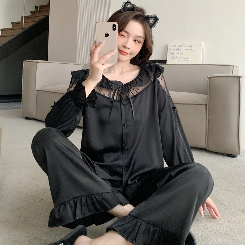 ウェア 楽ちんウェア パジャマ あったかウェア レディース アイスシルク 長袖 スーツ 秋 大きいサイズ レトロ 宮殿風 家庭服