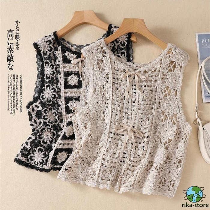 【超お得1つ買うと10個もらえる】新作登場 最短出荷ベスト レースベスト レディース 春 夏 40代 花柄レース タンクトップ トップス vネック 透かし編み 薄手 重ね着 ベストノースリーブ タンク