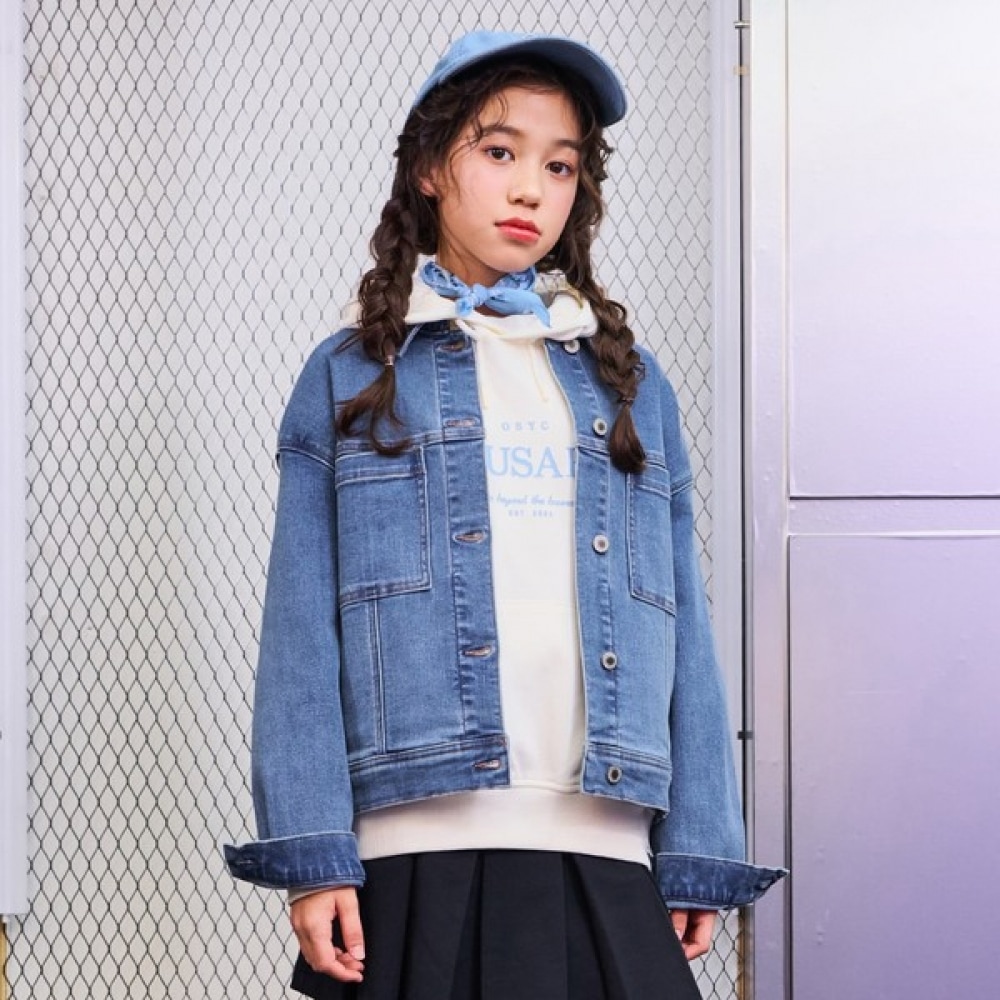 [オーシャンスカイ] ガールズクロップドデニムジャケット-EAJG1252B0D