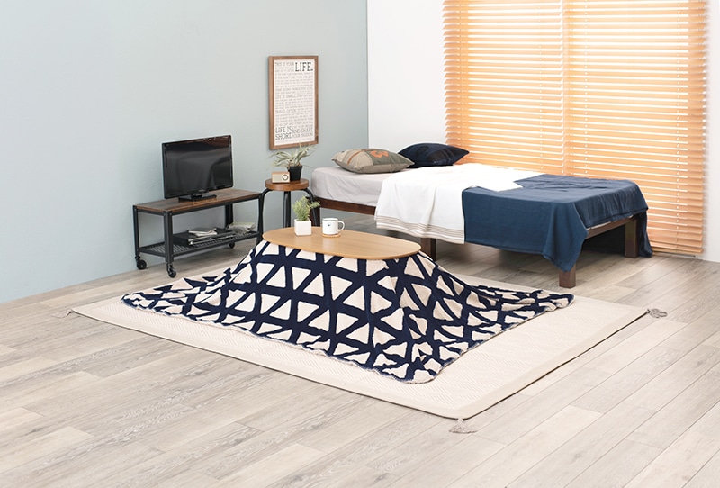 こたつセット こたつ うす掛布団 2点セット ナチュラル/ネイビー（三角） 90x50cm 木目調 楕円 北欧柄 折れ脚テーブル オールシーズン コタツ テーブル