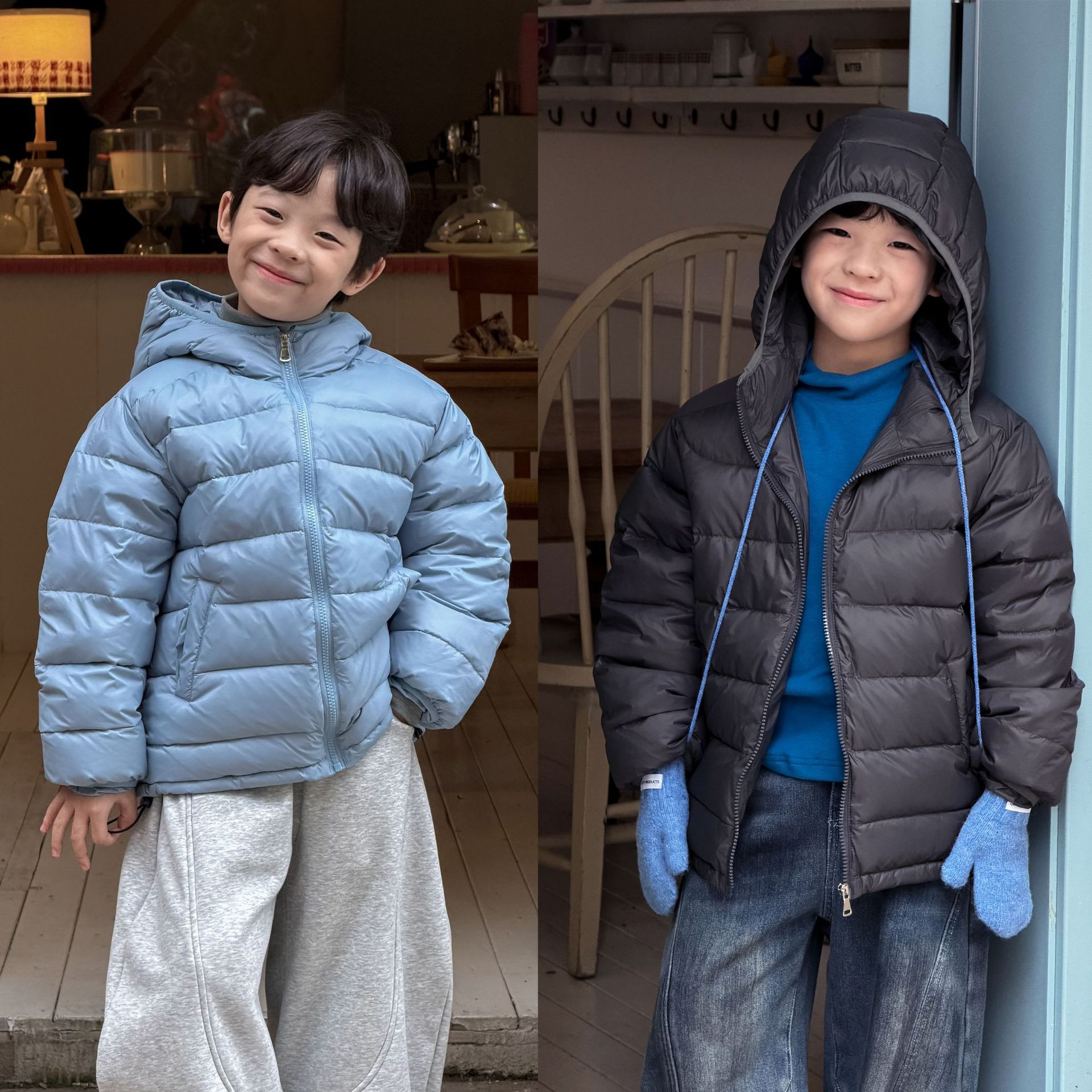 男の子と女の子向けのLanyu秋冬子供服トレーサブルホワイトダックダウンライトフード付きリブダウンジャケット