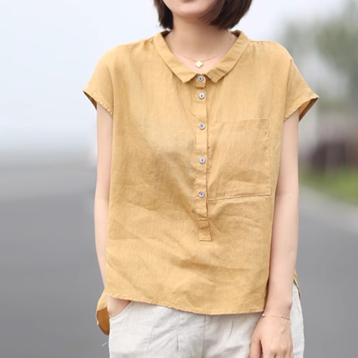 レディース トップス シャツ ブラウス 前開き 半袖 襟付き ポケット ボタン 薄手 かわいい 大人可愛い きれいめ シンプル カジュアル 上品 おしゃれ かっこいい レトロ こなれ感 ラフ ガーリー