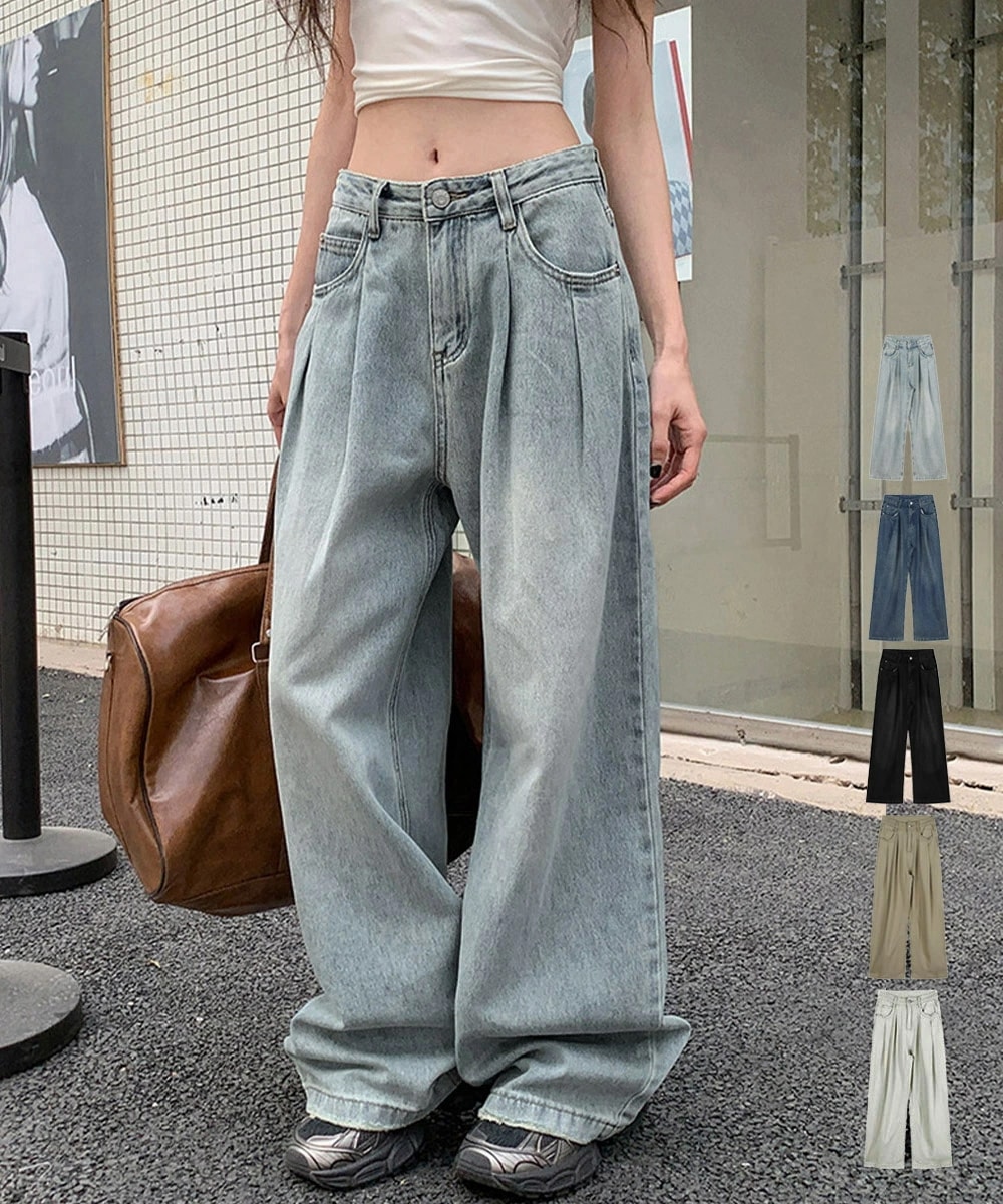 タックワイドデニムパンツレディース韓国風細見えデニムレトロ ボトムス体型カバー カジュアルジーンズ