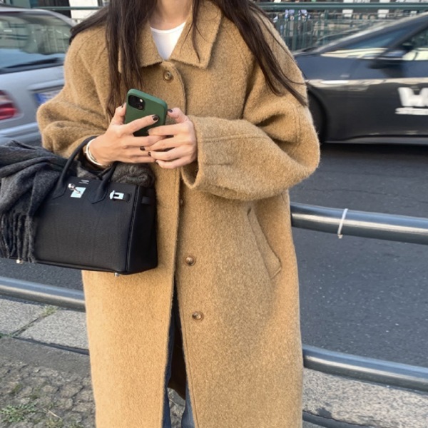 韓国ファッション モダンライン ルーズフィット シングル カラーネック ロング コート