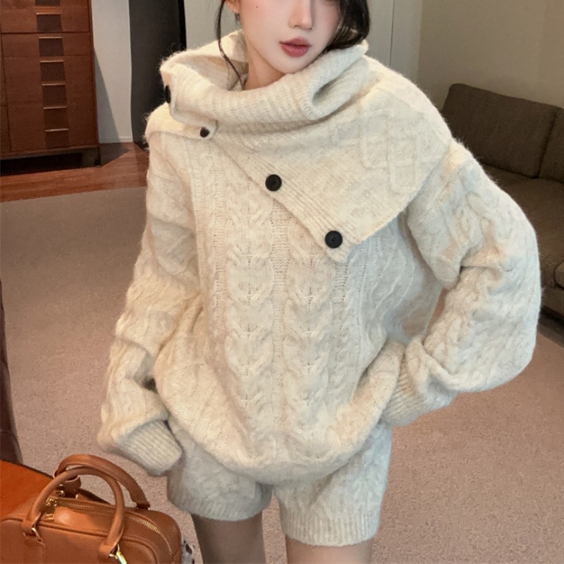 25レトロ編み込みセーター＋ショートパンツ ストール付き カジュアル3点セット 上品な着こなし ゆったりセットアップ