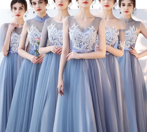 1593.レースロングドレス（グレーブルー）2019 春夏 sale 結婚式 ウエディング ブライドメイド 披露宴 結婚パーティー ウエディング