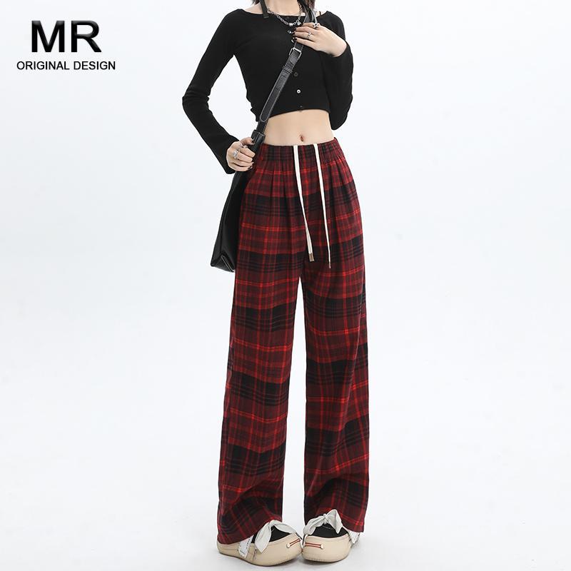 パンツ レディース ボトムス ズボン 女性 赤い レトロ チェック柄 冬 裏起毛 カジュアル ストレート ハイウエスト ドレープ ワイド レッグ