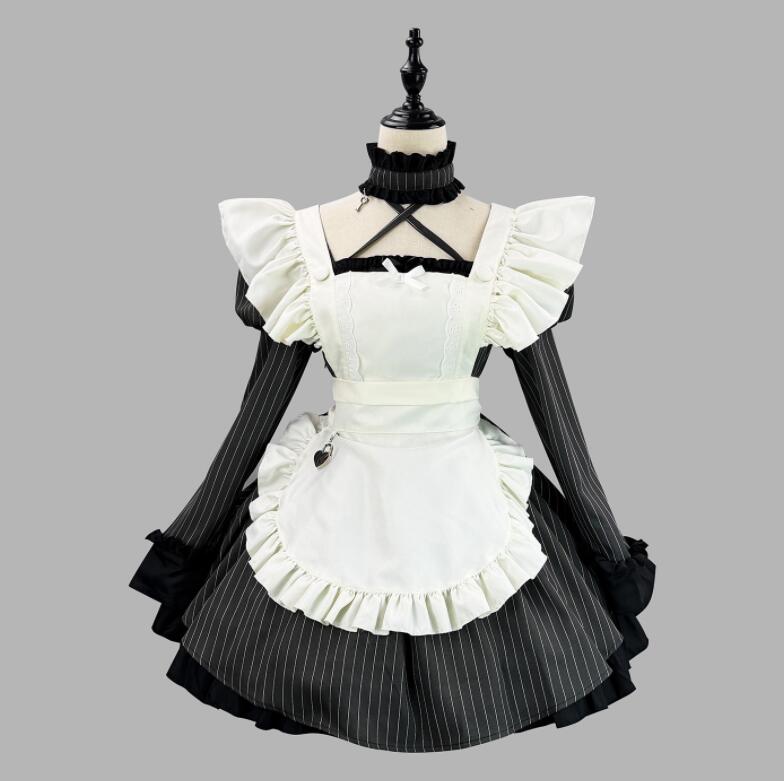 【TikTok人気新品】メイド服 長袖 ストライプ柄 メイドワンピース メイドコスチューム メイド服 コスプレ ロリータ ワンピース メイド喫茶 cosplay エプロン ワンピ ハロウィン イベント