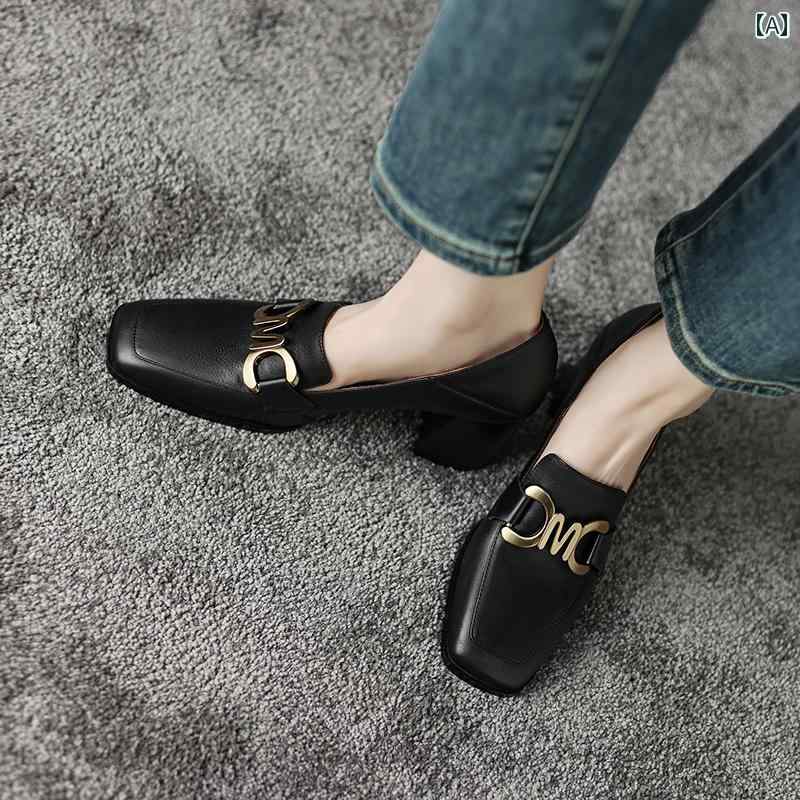 ローファー 通勤 革靴 レディース カジュアル 婦人靴 フレンチ レトロ スクエアトゥ 太い ヒール 浅い ハイヒール ブラウン レトロ レザー 春 婦人靴 7,851円